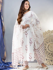 White Cotton Blend Printed Kurta, Pant, & Dupatta Set