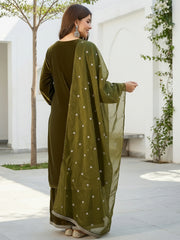 Olive Green Velvet Kurta, Pant and Dupatta Set