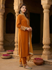 Mustard Velvet Embellished Kurta, Pant and Dupatta Set