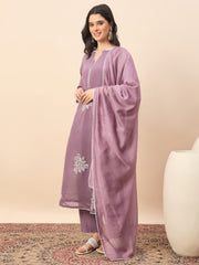 Dusty Mauve Silk Blend Embroidered Kurta Set with Dupatta for Women | Elegant Festive & Ethnic Wear