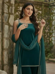 Rama Green Velvet Kurta, Pant and Dupatta Set