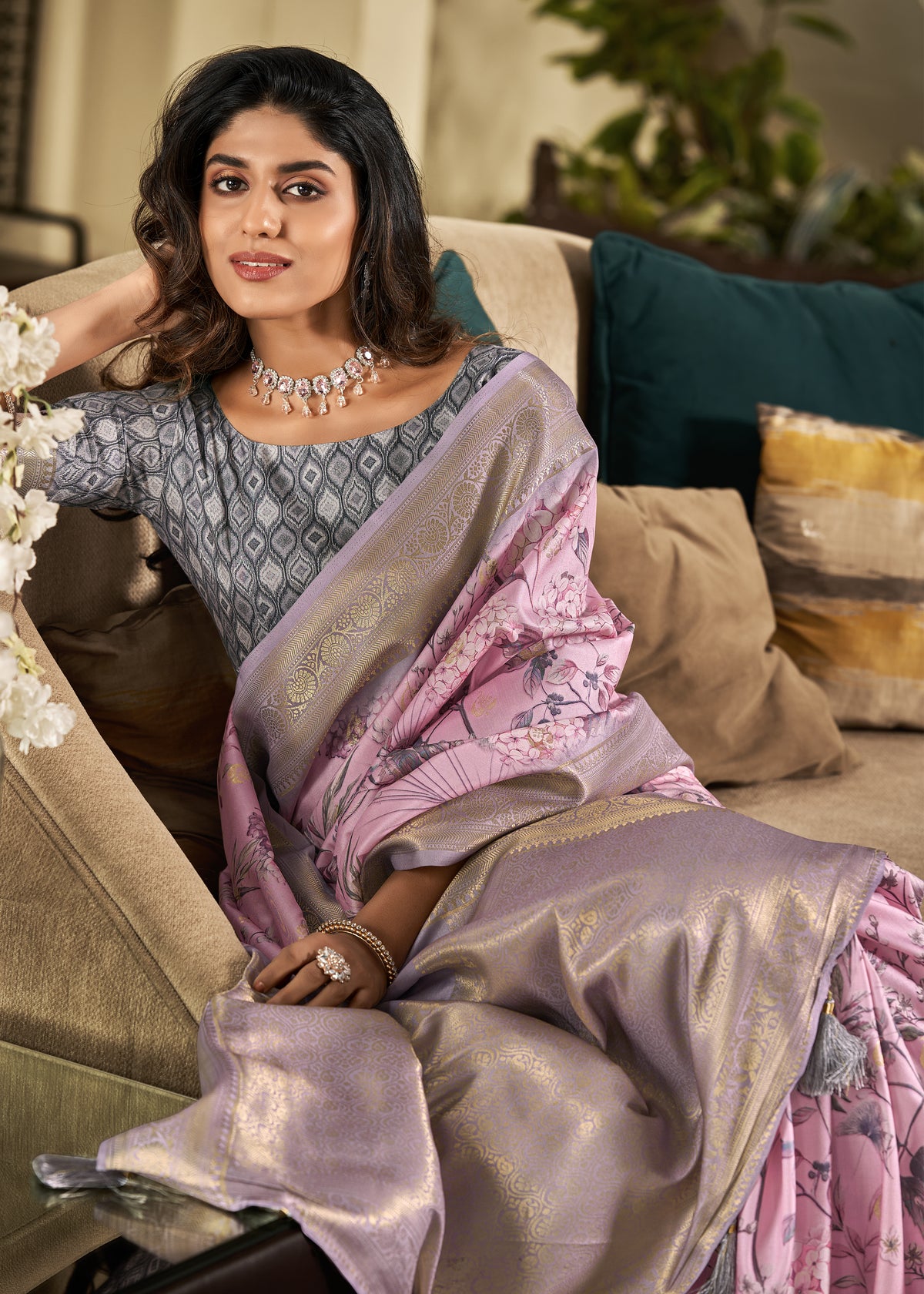 Baby Pink printed Silk Saree with Unstitched Blouse Piece