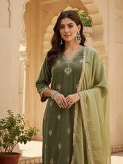 Olive Green Velvet Embroidered Kurta, Pant and Dupatta Set