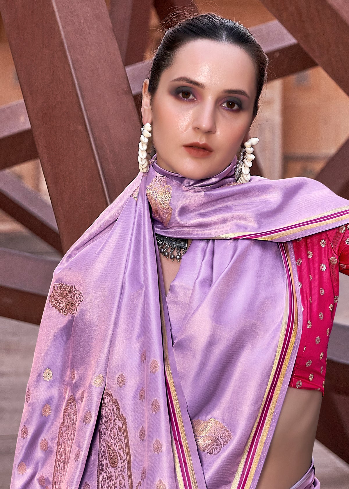 Mauve Pure Satin Saree with Zari Weaving Border and Unstitched Blouse Piece