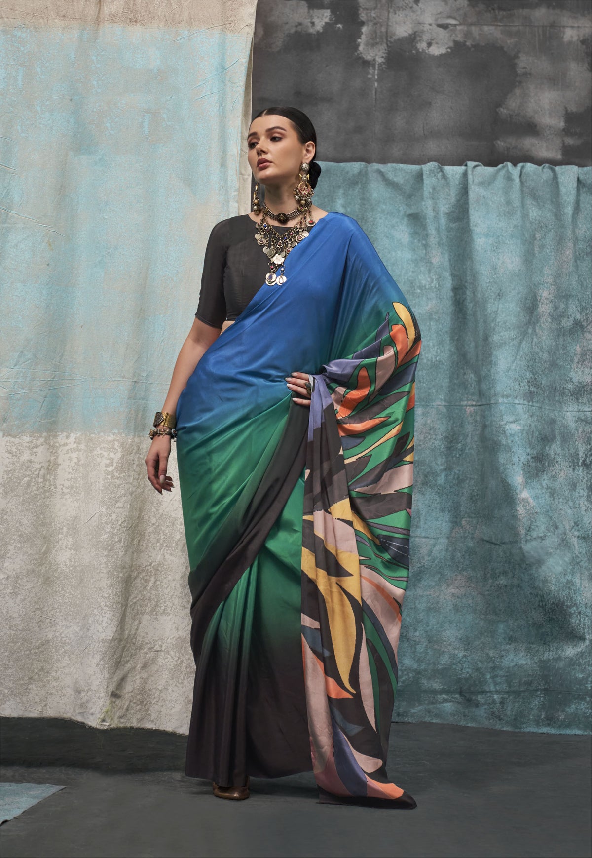 Digital Printed Satin Saree with Unstiched Blouse
