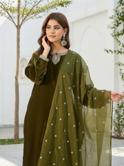 Olive Green Velvet Kurta, Pant and Dupatta Set