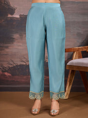 Aqua Blue Silk Blend Kurta, Pants & Net Dupatta Set.