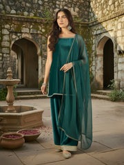 Rama Green Velvet Kurta, Pant and Dupatta Set