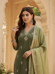Olive Green Velvet Embroidered Kurta, Pant and Dupatta Set