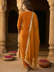Mustard Velvet Embellished Kurta, Pant and Dupatta Set