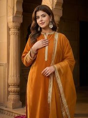 Mustard Velvet Embellished Kurta, Pant and Dupatta Set
