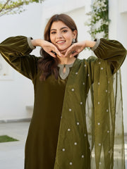 Olive Green Velvet Kurta, Pant and Dupatta Set