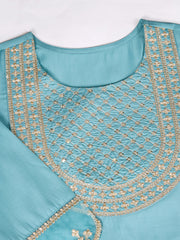 Aqua Blue Silk Blend Kurta, Pants & Net Dupatta Set.