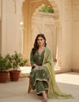 Olive Green Velvet Embroidered Kurta, Pant and Dupatta Set