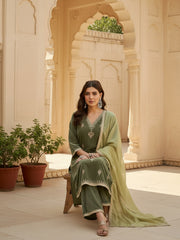 Olive Green Velvet Embroidered Kurta, Pant and Dupatta Set
