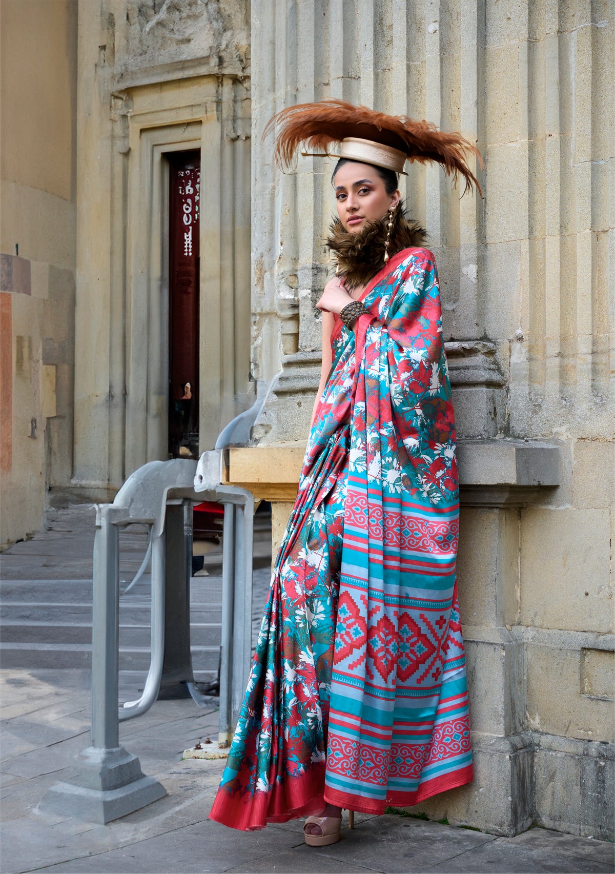 Digital Printed Satin Saree with Unstiched Blouse