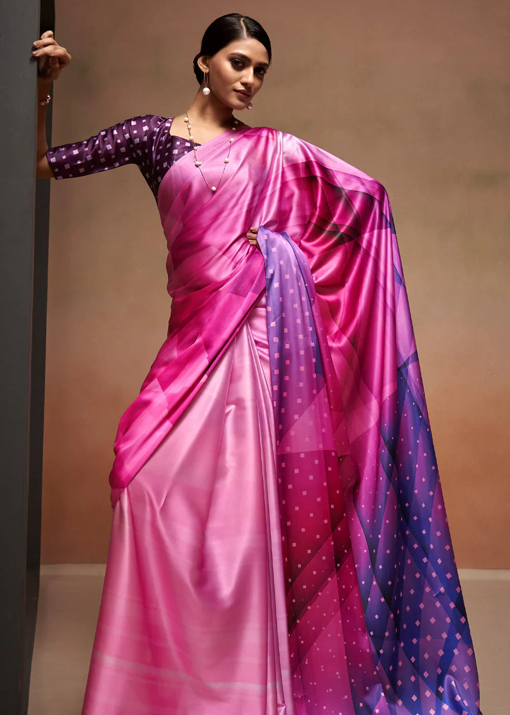 Digital Printed Satin Saree with Unstiched Blouse