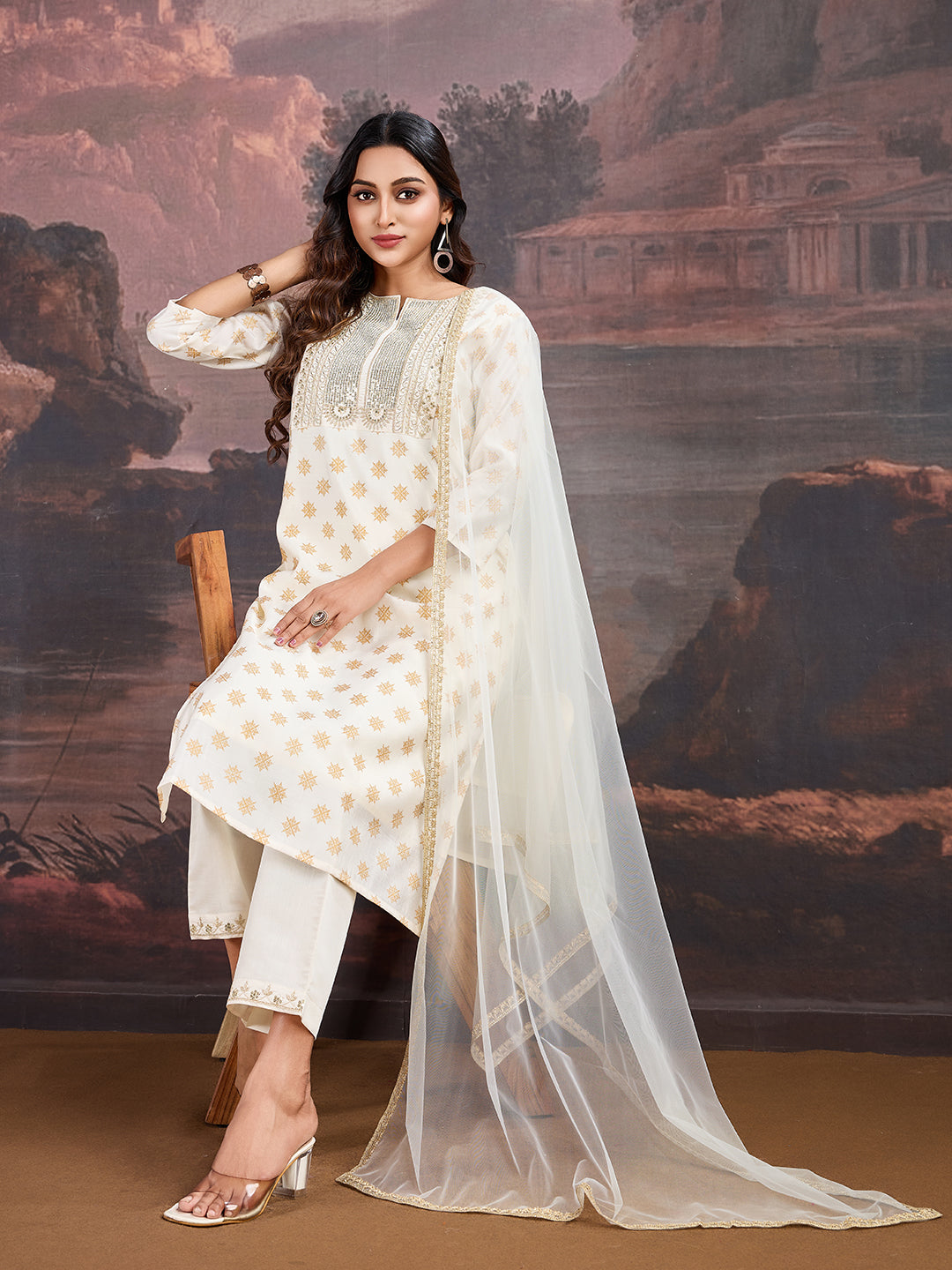 White Foil Printed Embroidered Silk Blend Kurta with Pants & Net Dupatta