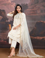 White Foil Printed Embroidered Silk Blend Kurta with Pants & Net Dupatta