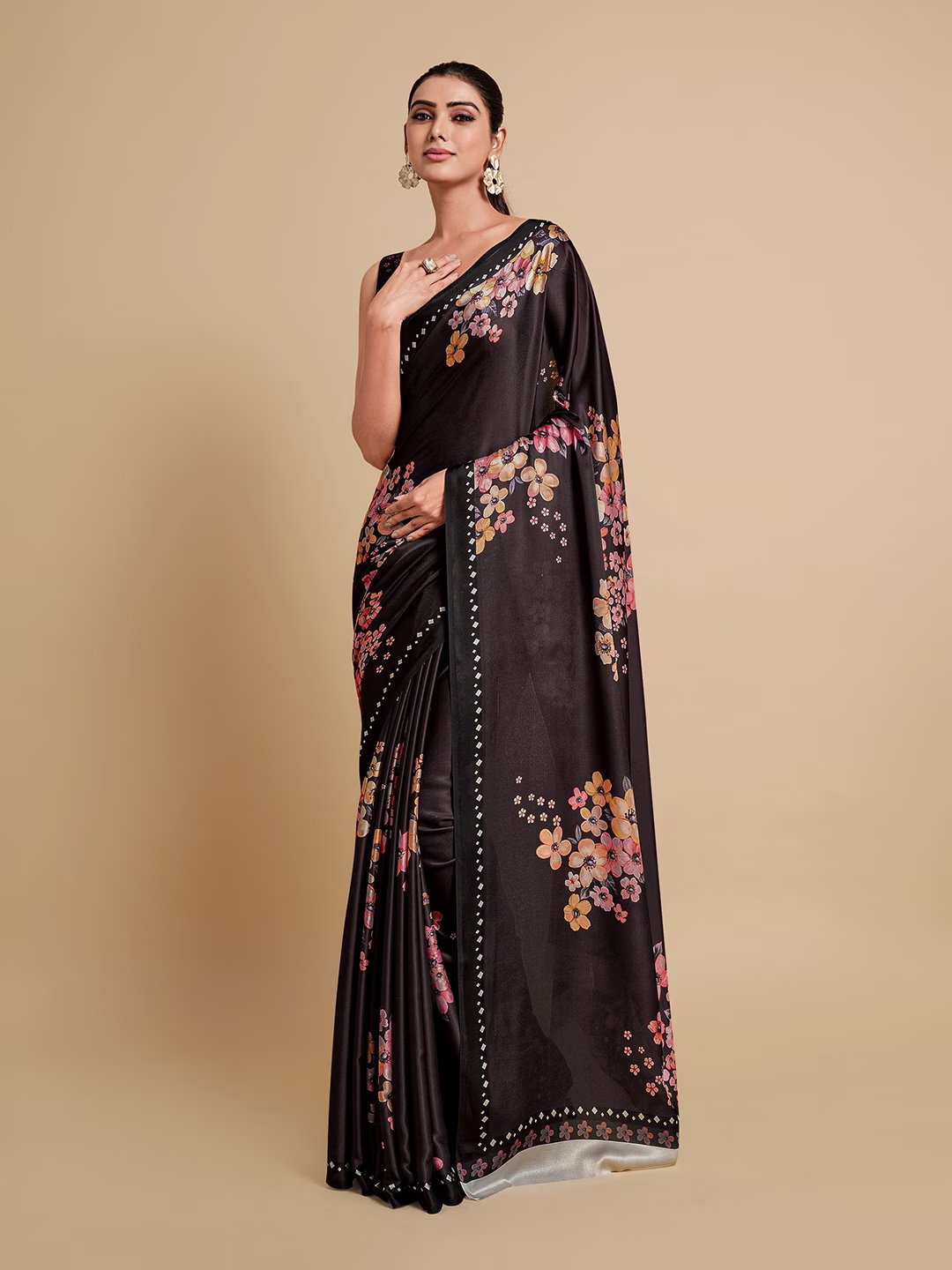 Digital Printed Satin Saree with Unstiched Blouse.