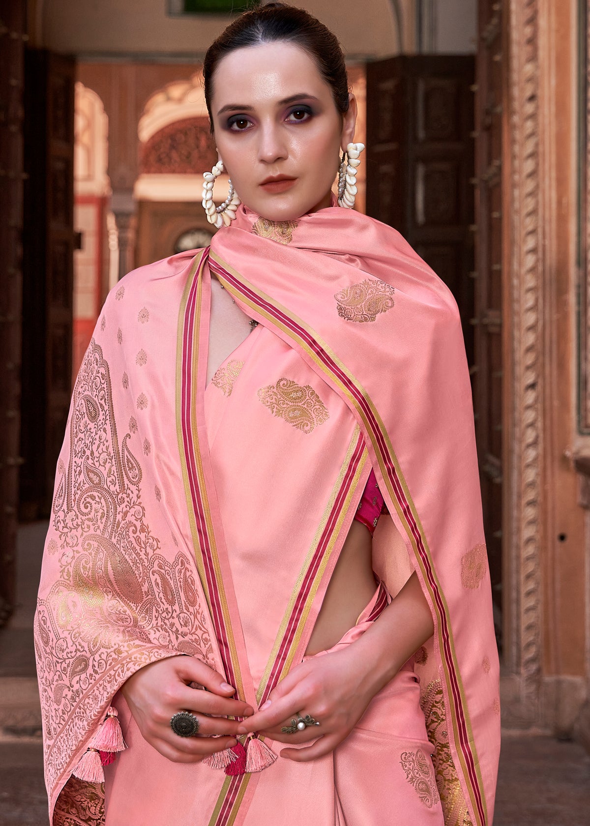 Carrot Pink Pure Satin Saree with Zari Weaving Border and Unstitched Blouse Piece