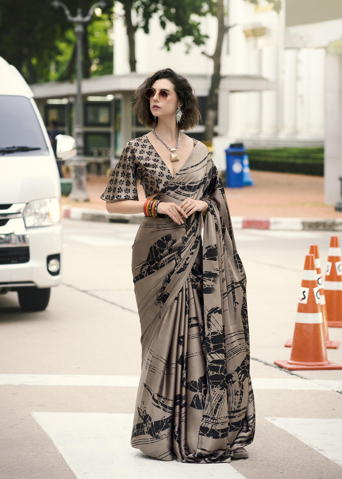 Digital Printed Satin Saree with Unstiched Blouse