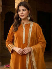 Mustard Velvet Embellished Kurta, Pant and Dupatta Set