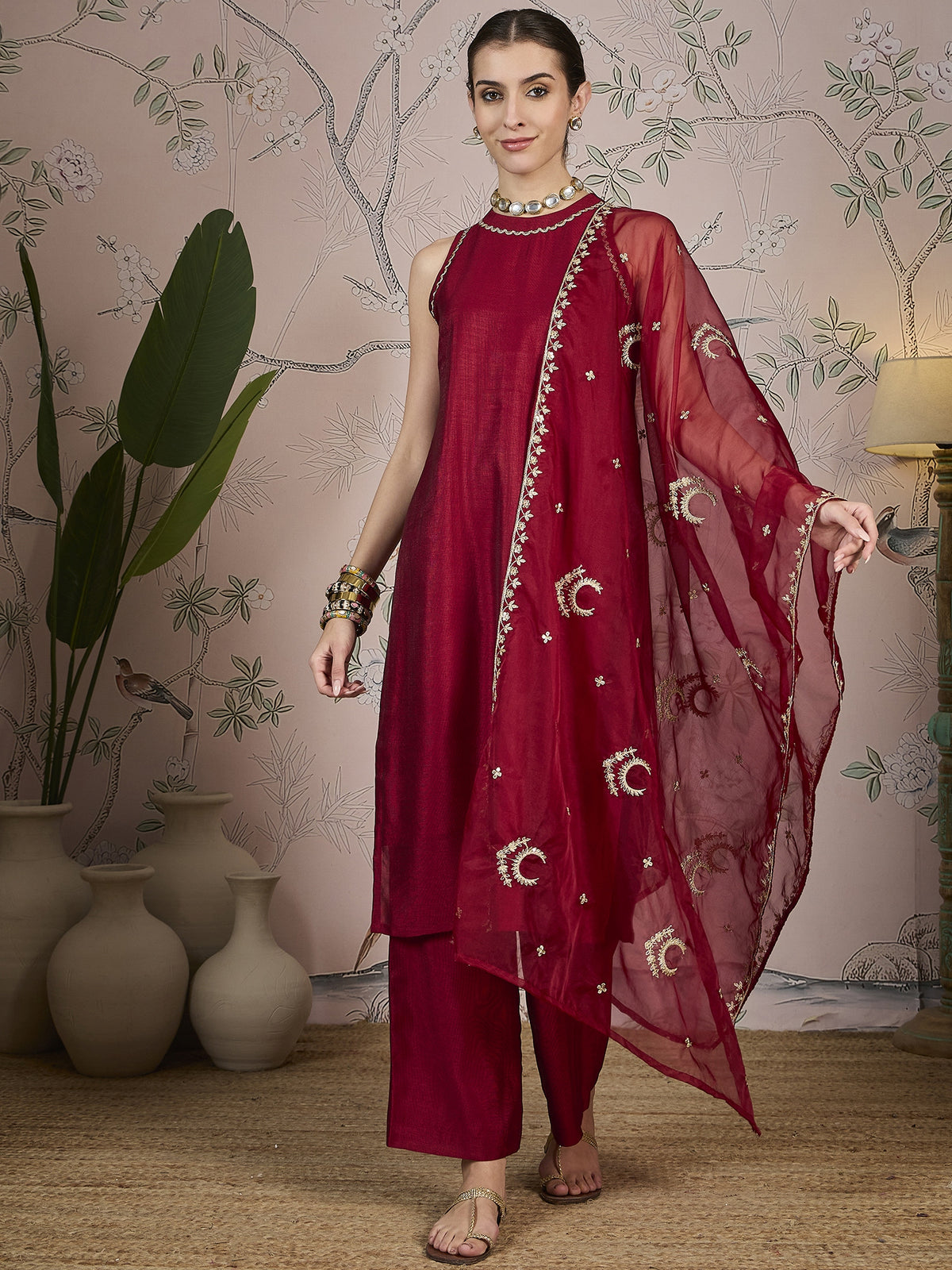 Deep Maroon Silk Blend Kurta, Pant and Organaza Dupatta Set