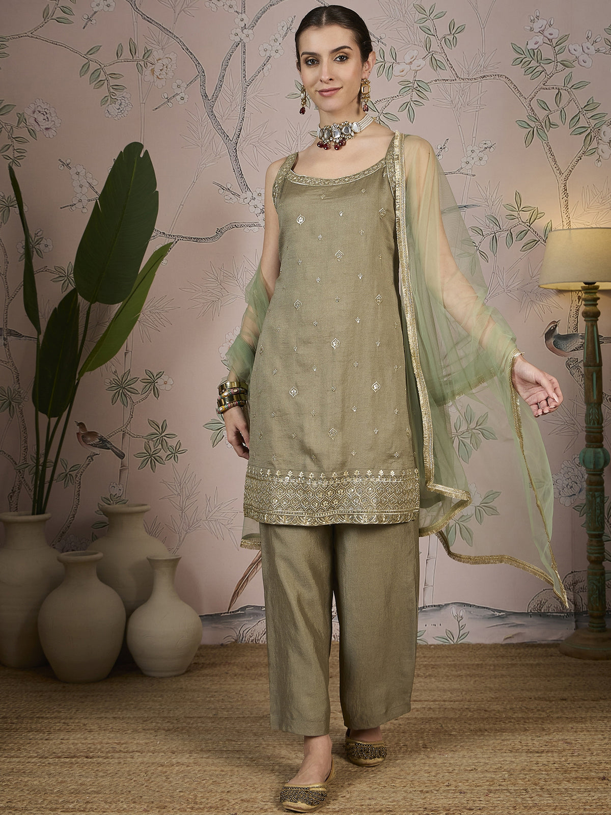 Olive Green Silk Kurta, Pant and Net Dupatta