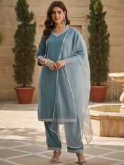 Velvet Straight-Cut Kurta, Pant with Dupatta