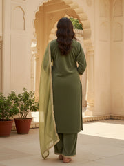 Olive Green Velvet Embroidered Kurta, Pant and Dupatta Set