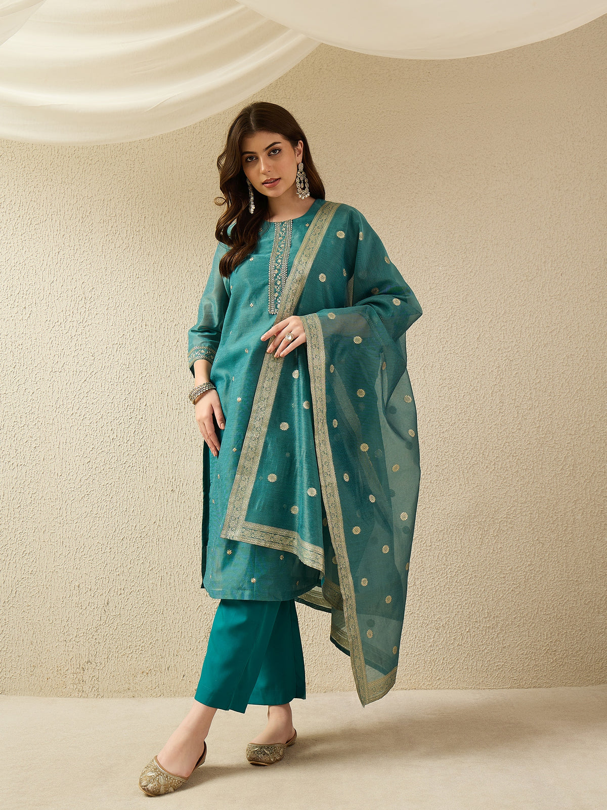 Rama Green Embroidered Kurta Set with Dupatta for Women