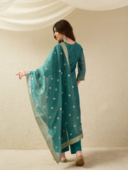 Rama Green Embroidered Kurta Set with Dupatta for Women