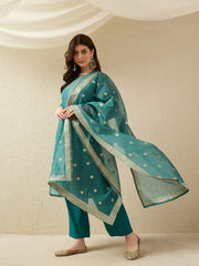 Rama Green Embroidered Kurta Set with Dupatta for Women