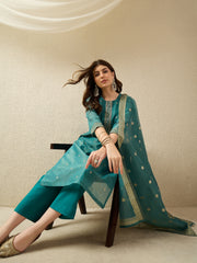 Rama Green Embroidered Kurta Set with Dupatta for Women