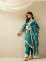 Rama Green Embroidered Kurta Set with Dupatta for Women