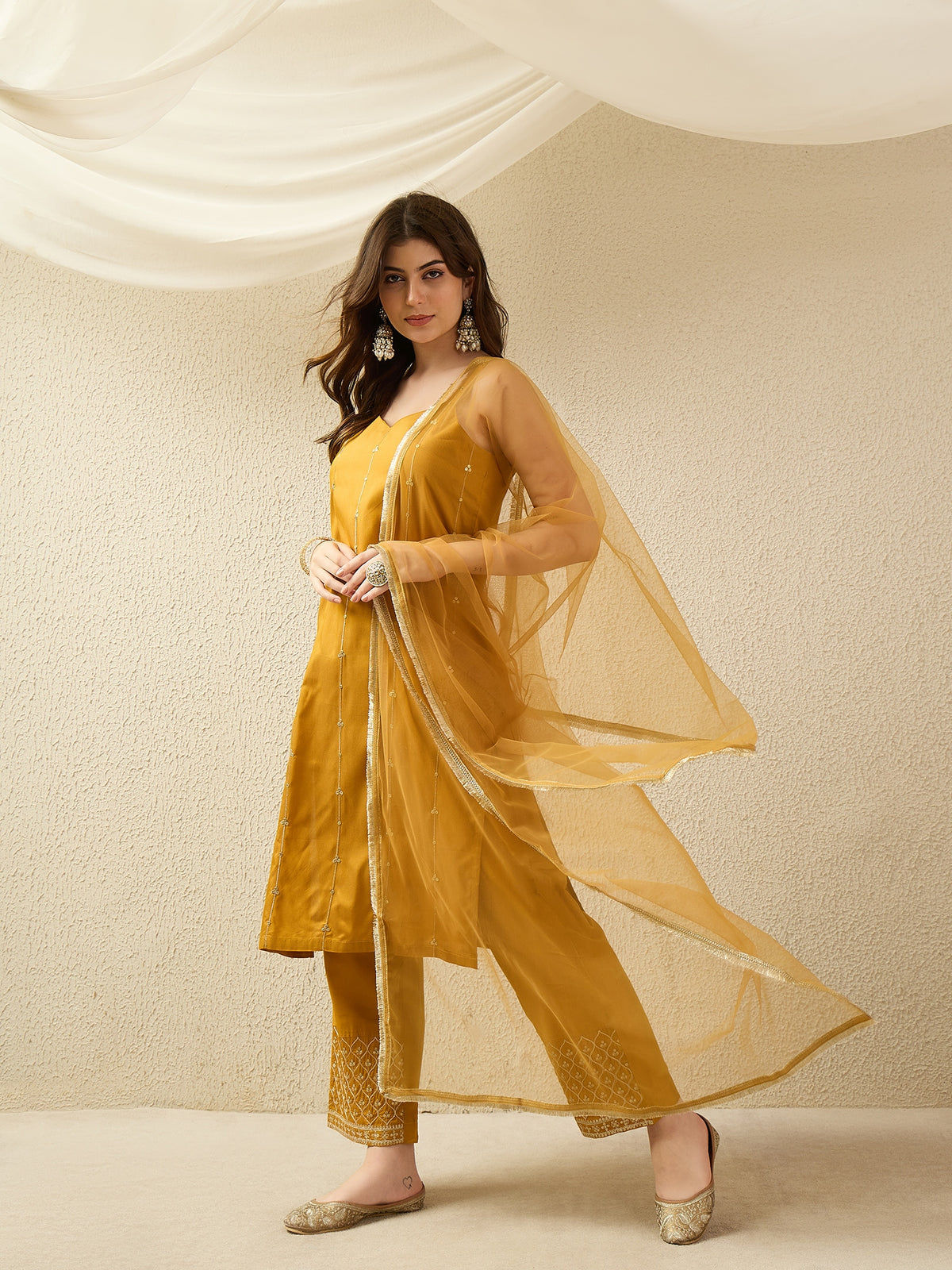 Mustard Yellow Embellished Kurta Set with Dupatta