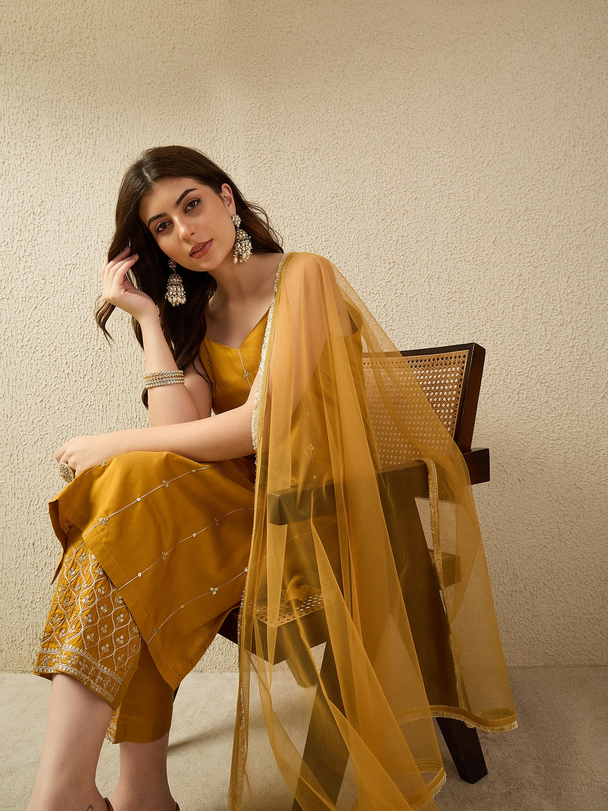 Mustard Yellow Embellished Kurta Set with Dupatta