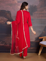 Red Silk Blend Embroidered Neck Kurta, Pant and Net Dupatta Set.