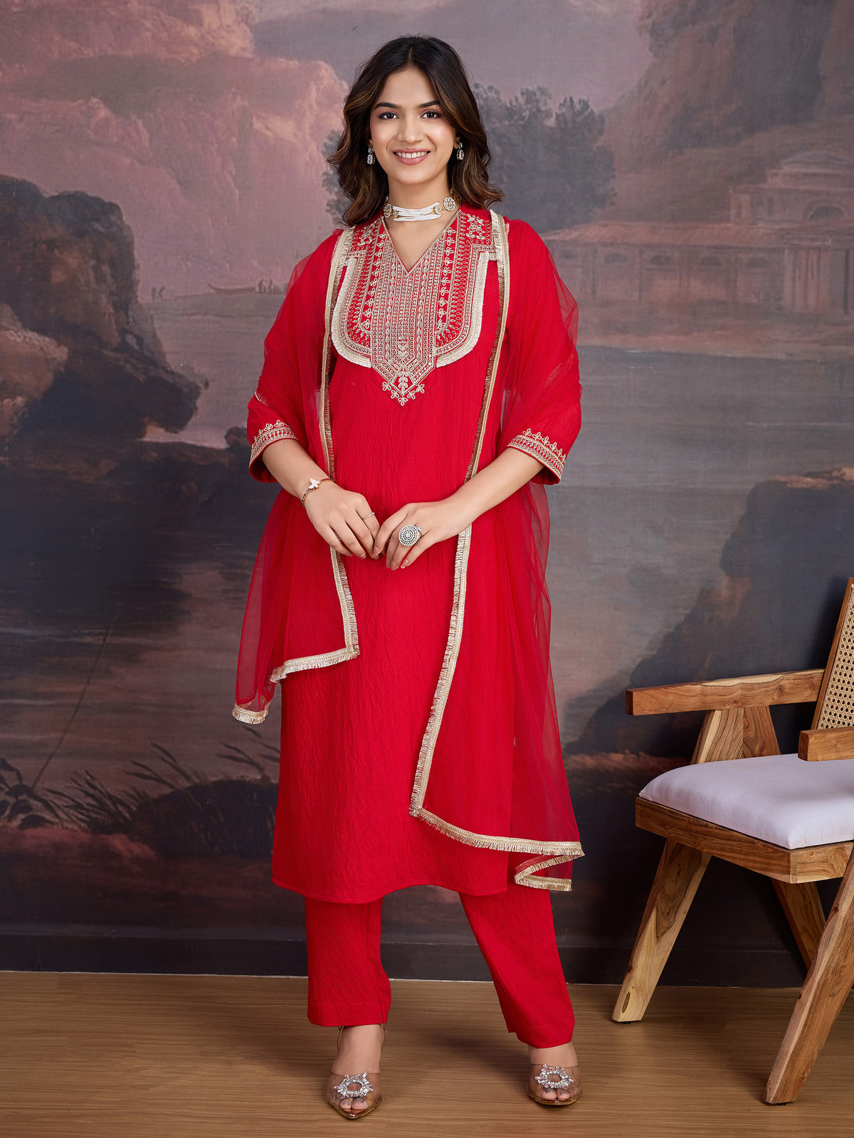 Red Silk Blend Embroidered Neck Kurta, Pant and Net Dupatta Set
