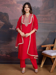 Red Silk Blend Embroidered Neck Kurta, Pant and Net Dupatta Set.