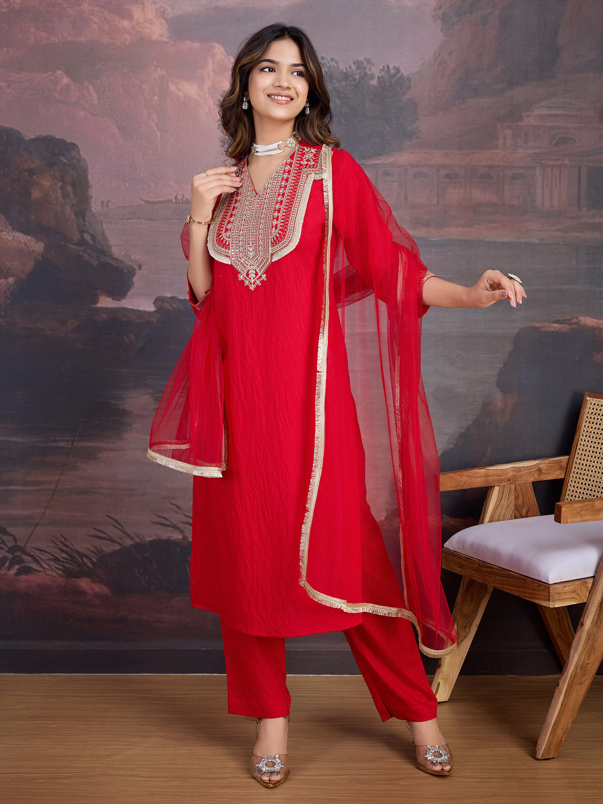 Red Silk Blend Embroidered Neck Kurta, Pant and Net Dupatta Set.