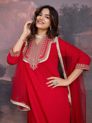 Red Silk Blend Embroidered Neck Kurta, Pant and Net Dupatta Set.