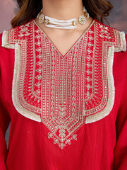 Red Silk Blend Embroidered Neck Kurta, Pant and Net Dupatta Set.