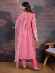 Pink Chanderi Cotton Silk Kurta with Pant, & Net Dupatta