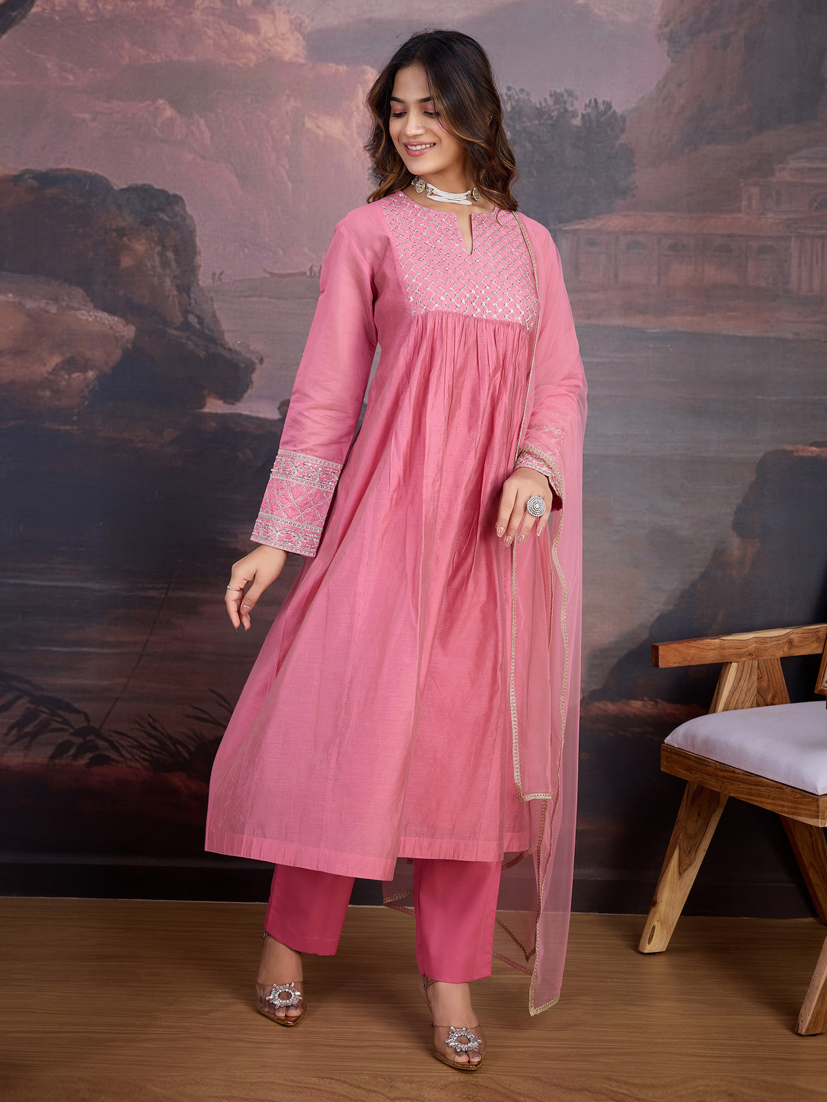 Pink Chanderi Cotton Silk Kurta with Pant, & Net Dupatta