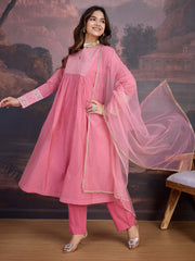 Pink Chanderi Cotton Silk Kurta with Pant, & Net Dupatta