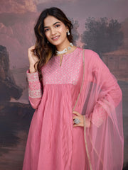 Pink Chanderi Cotton Silk Kurta with Pant, & Net Dupatta