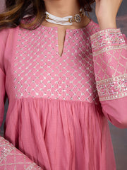 Pink Chanderi Cotton Silk Kurta with Pant, & Net Dupatta