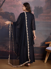 Chanderi Silk Short Flared Kurta with Palazzo & Net Dupatta